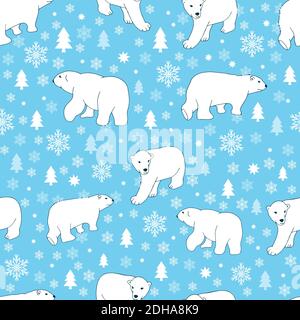 Motif sans couture avec ours polaires, étoiles et flocons de neige sur fond bleu. Illustration vectorielle. Texture sans fin pour votre design, vos tissus, votre papier peint Illustration de Vecteur