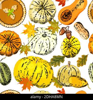 Motif d'automne vectoriel sans couture avec citrouilles, tourte de citrouille, feuilles d'érable et de chêne, glands. Illustration de Vecteur
