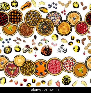 Motif sans couture avec tourtes, fruits, noix, pommes, citrouilles, baies. Le thème de l'automne, du Pie Day, de la récolte et de l'action de grâce. Pour le restaurant et le café d Illustration de Vecteur