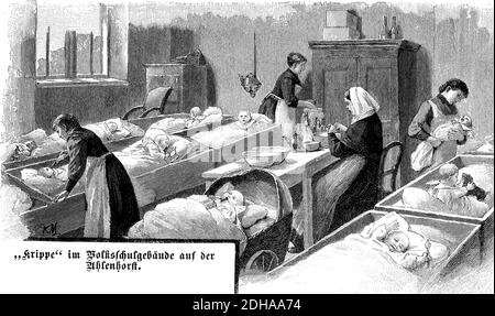 CRIB, puériculture dans le bâtiment de l'école élémentaire d'Ahlenhorst, orphelins à cause de l'épidémie de choléra, 1892, Hambourg, Allemagne / Krippe, Babystation im Volksschulgebäude auf dem Ahlenhorst, Waisen durch die choléra-Epidemie, 1892, Hambourg, Allemagne, historique, Digital reproduction améliorée d'un original du 19ème siècle / digitale Reproduktion einer Originalvorlage aus dem 19. Jahrhundert, Banque D'Images