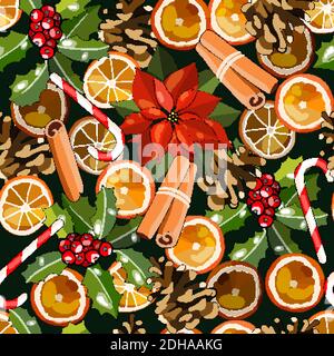 Motif de fête sans couture vectoriel avec poinsettias de Noël traditionnels, bâton de cannelle, orange séché, cône, canne à sucre, houx. Illustration de Vecteur