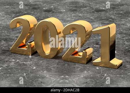 Concept de la nouvelle année. Numéro d'or 2021 sur fond de marbre. rendu 3d Banque D'Images