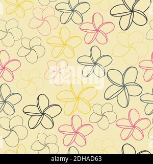 Élégant tendance ditsy floral texture vector répétition motif comprenant de belles fleurs frangipani contour. Fond de fleurs Plumeria pour l'impression. Illustration de Vecteur