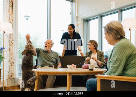 Les femmes regardant un homme âgé jouant avec un chien à la retraite maison de soins communautaires Banque D'Images