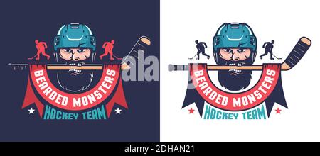Emblème de hockey rétro. Mascotte de l'équipe de hockey - joueur barbu dans un casque avec bâton Illustration de Vecteur