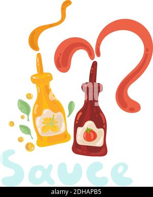 Illustration de la moutarde et du ketchup. Deux bouteilles de sauce aux éclaboussures. Mignon drôle de tomate, graines de moutarde et feuilles. Illustration du menu des aliments en blanc Illustration de Vecteur