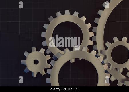 Maillage d'engrenages mécaniques, pièces métalliques, rendu 3d. Dessin numérique informatique. Banque D'Images