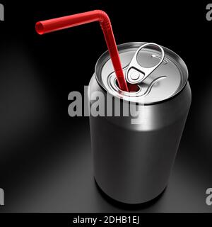 Bière ou soda en aluminium argenté avec paille rouge isolée sur fond noir Banque D'Images