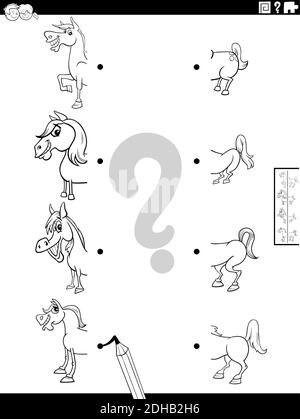 Illustration de dessin animé noir et blanc d'un jeu éducatif d'appariement demi-photos avec des chevaux amusants animaux de ferme caractères de coloration page de livre Illustration de Vecteur