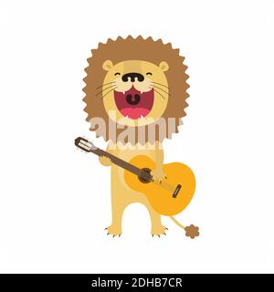 Drôle de dessin animé lion jouant de la guitare et chante Illustration de Vecteur