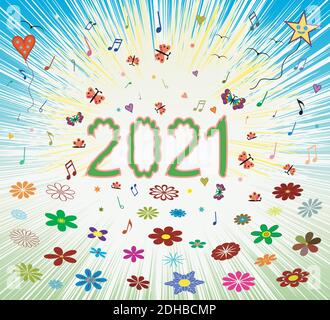 Joyeux printemps été 2021 lever de soleil optimiste résumé fond coloré avec fleur chiffres lettres 2021. Banque D'Images