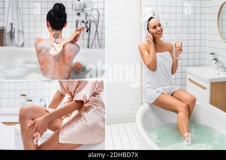 Collage de femme souriante avec champagne parlant sur smartphone, en utilisant la brosse et en prenant le bain avec de la mousse Banque D'Images