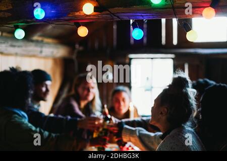 Des hommes et des amis qui toaster des boissons tout en étant assis dans le cottage Banque D'Images