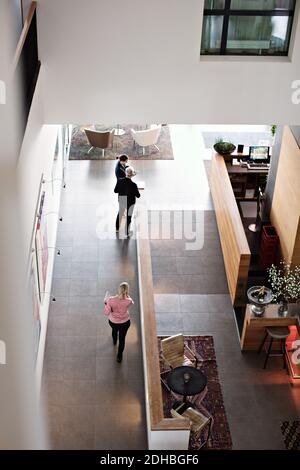 Vue en grand angle d'une femme d'affaires qui se dirige vers des collègues debout couloir au bureau Banque D'Images