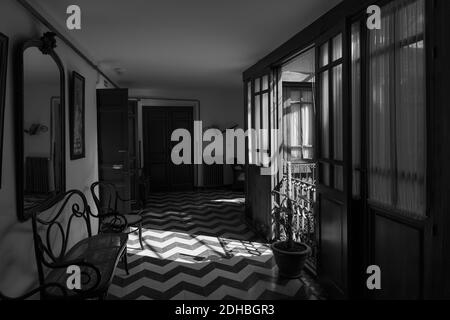 Une photo en niveaux de gris du couloir avec un miroir, un banc, une armoire et des portes qui mènent au balcon Banque D'Images