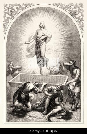 Jésus résurrection des morts. Notre Seigneur Jésus, fils de Dieu, a été ressuscité divinement par sa propre vertu. Illustration de la gravure du XIXe siècle. Ancien Epithalamion 1852. Collection d'exercices prières et métiers Banque D'Images