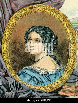 Portrait de Madame de Maintenon en lithographie de couleur ancienne. Françoise d'Aubigné ou d'Aubigny, (1635-1719) dame française des XVIIe et XVIIIe siècles, était l'épouse et plus tard la veuve de Paul Scarron. Marché de Maintenon. Elle est la fondatrice de la Maison Royale de Saint-Louis. Gouvernante des enfants naturels de Louis XIV et de sa maîtresse Madame de Montespan, deuxième épouse de Louis XIV de France. Les Français Illutres par Gustave Demoulin 1897 Banque D'Images