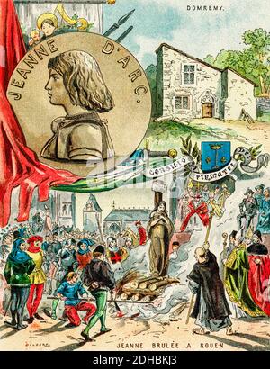 Vieux portrait de la lithographie de couleur de Jeanne d'Arc. Jeanne d'Arc (1412-1431) surnommée le Maid d'Orléans. La Pucelle d'Orléans. Héroïne de France pour son rôle pendant la phase de Lancaster de la guerre de cent ans, et canonisée comme saint catholique. Brûlé au pieu le 30 mai 143. Symbole de la Ligue catholique. Symbole national de la France par décision de Napoléon Bonaparte.béatifié en 1909 et canonisé en 1920. France. Les Français Illutres par Gustave Demoulin 1897 Banque D'Images