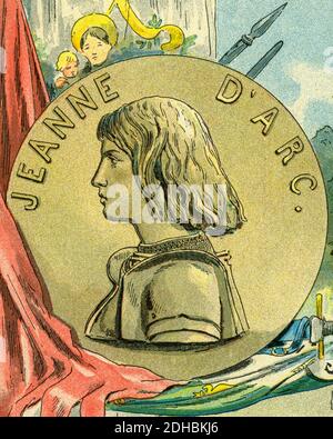 Vieux portrait de la lithographie de couleur de Jeanne d'Arc. Jeanne d'Arc (1412-1431) surnommée le Maid d'Orléans. La Pucelle d'Orléans. Héroïne de France pour son rôle pendant la phase de Lancaster de la guerre de cent ans, et canonisée comme saint catholique. Brûlé au pieu le 30 mai 143. Symbole de la Ligue catholique. Symbole national de la France par décision de Napoléon Bonaparte.béatifié en 1909 et canonisé en 1920. France. Les Français Illutres par Gustave Demoulin 1897 Banque D'Images