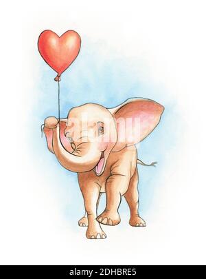 Joli éléphant tenant un ballon en forme de coeur. Illustration aquarelle sur papier. Banque D'Images