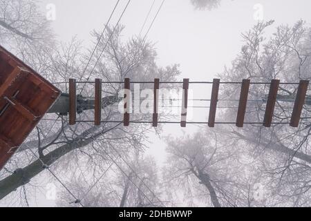 vider le jeu de corde d'adrénaline dans les troncs d'arbre dans le brouillard et forêt d'hiver brumeuse Banque D'Images