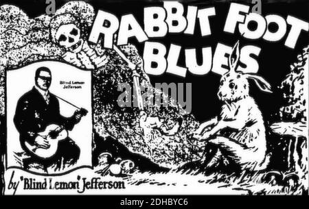 BLIND LEMON JEFFERSON (1893-1929) blues américain et musicien de gospel Une publicité pour son enregistrement de 1926 de Rabbit foot Blues Banque D'Images