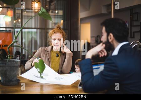 Des graphistes féminins et masculins confiantes discutent au sujet de la mise en plan papier à la table dans le bureau Banque D'Images