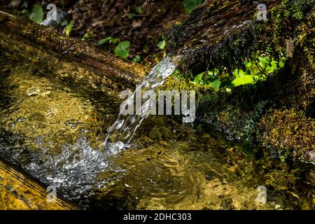 Old Mossy Spring and Fountain avec Clear et Cold Mountain Eau qui coule dans le bassin Banque D'Images