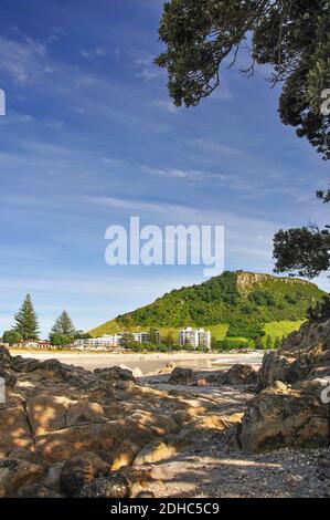 Vue sur la plage et le Mont Maunganui, Bay of Plenty, North Island, New Zealand Banque D'Images