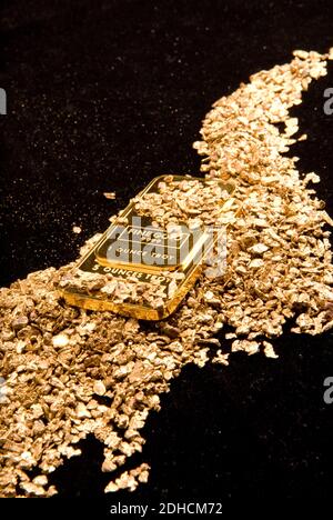 de grands échantillons d'or pur sous diverses formes, y compris des pièces de monnaie, des lingots, des barres, de la poussière et des nuggets Banque D'Images