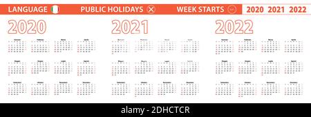 Calendrier vectoriel de 2020, 2021, 2022 ans en langue italienne, la semaine commence le dimanche. Calendrier vectoriel. Illustration de Vecteur