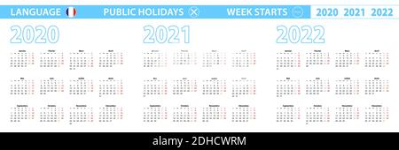 Modèle de calendrier simple en français pour 2020, 2021, 2022 ans. La semaine commence le lundi. Illustration vectorielle. Illustration de Vecteur