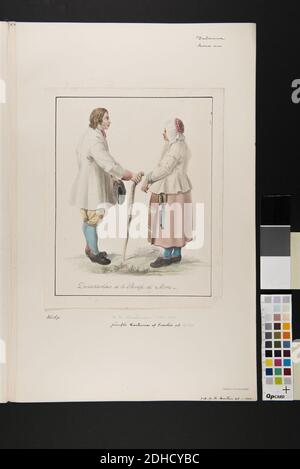 Kvinna och man med käpp. Akvarell av C. W. Swedman. JFR Costume de Suède PL. 19 et 20 Banque D'Images