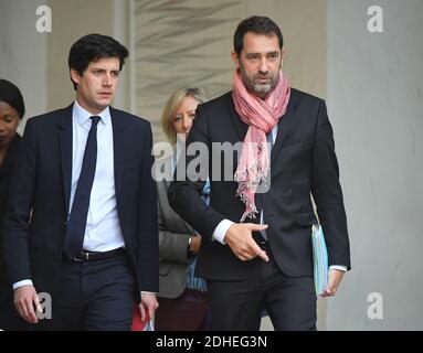 Ministre d'État, attaché au ministre de la cohésion territoriale Julien Denormandie (L) et ministre d'État chargé des relations avec le Parlement, porte-parole du gouvernement, attaché au Premier ministre Christophe Castaner quittant l'Elysée à la suite de la réunion hebdomadaire du cabinet, à Paris, en France, le 15 novembre 2017. Photo de Christian Liewig/ABACAPRESS.COM Banque D'Images