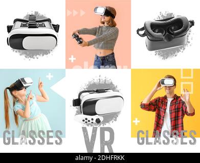 Collage avec des personnes utilisant des lunettes VR Banque D'Images