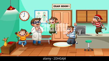 Cinq petits singes sautant à l'hôpital avec un médecin illustration Illustration de Vecteur