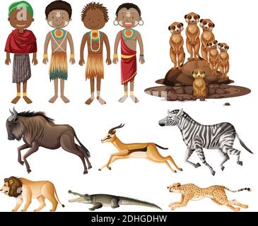 Illustration de personnes de tribus africaines et d'animaux sauvages Illustration de Vecteur