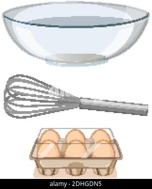 Outils de boulangerie fouet métallique avec grand bol et œuf en papier illustration du bac sur fond blanc Illustration de Vecteur