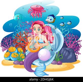 Sirène assise sur la coquille et l'animal de mer dans un dessin de style caricatural Illustration de Vecteur