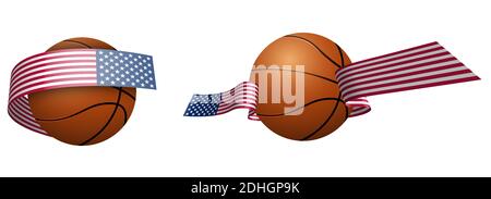 Balles de basket-ball en rubans aux couleurs du drapeau américain. Élément de conception pour les compétitions de basket-ball. Équipe nationale des États-Unis. Vecteur isolé sur wh Illustration de Vecteur