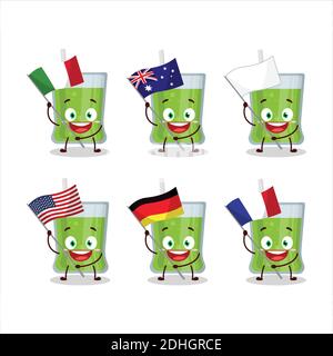 Le personnage de dessin animé de jus de pomme vert apporte les drapeaux de divers pays. Illustration vectorielle Illustration de Vecteur