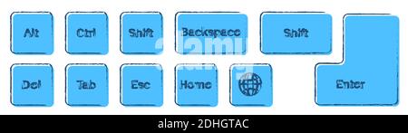 jeu de touches de clavier supplémentaires sur fond blanc. Alt, Ctrl, entrée, Retour arrière, Echap, globe, Maj dessinés à l'encre et en bleu. Vecteur isolé Illustration de Vecteur