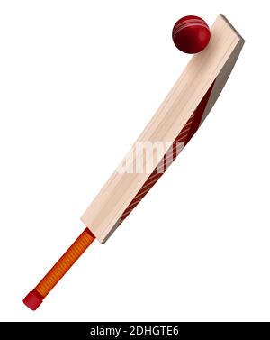 la batte de cricket en bois frappe le ballon en cuir rouge dans un style réaliste sur fond blanc. Sports d'équipe d'été. Vecteur sur fond blanc Illustration de Vecteur