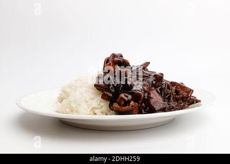 Riz Jjajang dans un plat sur fond blanc Banque D'Images
