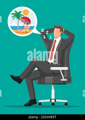 Homme d'affaires personnage rêvant de vacances. Homme d'affaires fatigué ou employé de bureau dormant sur le lieu de travail. Stress au travail. Bureaucratie, paperasserie, date limite. Illustration vectorielle de style plat Illustration de Vecteur