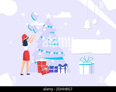 Concept de médias sociaux. Vœux du nouvel an de Noël. Femme prépare la fête. Utilisé pour le web, les affiches, les flyers. vecteur plat. Illustration de Vecteur