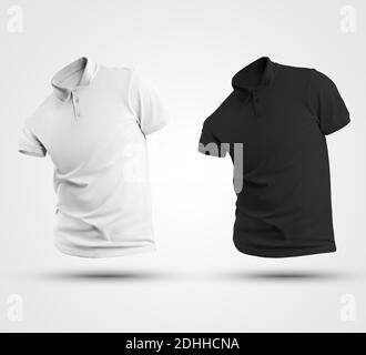 Modèle de polo vierge pour hommes rendu 3D, t-shirt noir et blanc isolé sur fond. Maquette de vêtements élégants pour la présentation du design, boutique en ligne a Banque D'Images