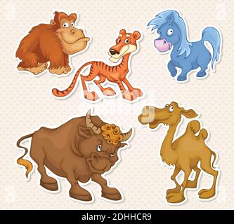 Personnages de dessin animé animaux vectoriels dans des motifs autocollants Illustration de Vecteur