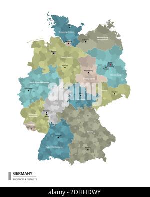 Allemagne carte détaillée avec subdivisions. Carte administrative de l'Allemagne avec le nom des districts et des villes, coloré par les États et distri administratif Illustration de Vecteur