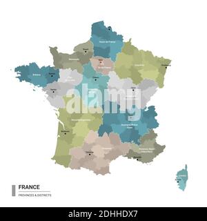 France higt carte détaillée avec subdivisions. Carte administrative de la France avec le nom des districts et des villes, colorée par les États et le district administratif Illustration de Vecteur